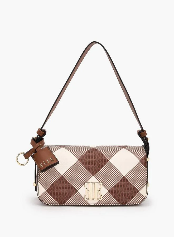 ELLE Checked Shoulder Bag with Flap Closure